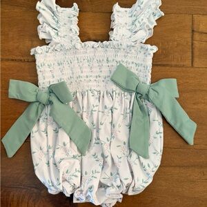 Smocked Floral Baby Romper with Sage Bow